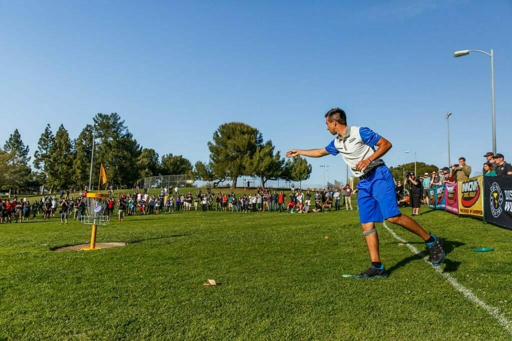 Paul McBeth putts out to win the La Mirada Open in March. He'll change his putting stance this weekend to take strain off his right knee. Photo: Disc Golf World Tour