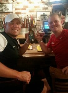 World champion disc golfers Avery Jenkins (left) and Nate Doss enjoy a beer at 99 Bottles in Santa Cruz, California. Photo: Valarie Doss