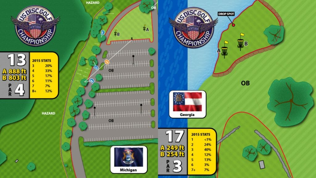 Holes 13 and 17 of the Winthrop Gold Disc Golf Course at the United States Disc Golf Championship.