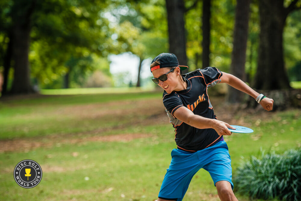 Eagle McMahon's 8-under par 57 found him tied for the lead after round one at the United States Disc Golf Championship in Rock Hill, South Carolina. Photo: Eino Ansio, Disc Golf World Tour
